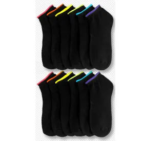 12 Pair Girls Ankle Sports Socks Low Cut Black Neon Color Casual Sport Run 9-11