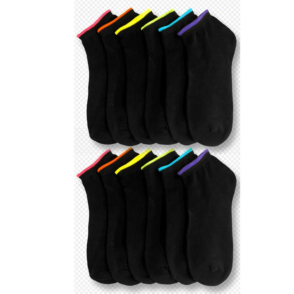 12 Pair Girls Ankle Sports Socks Low Cut Black Neon Color Casual Sport Run 9-11