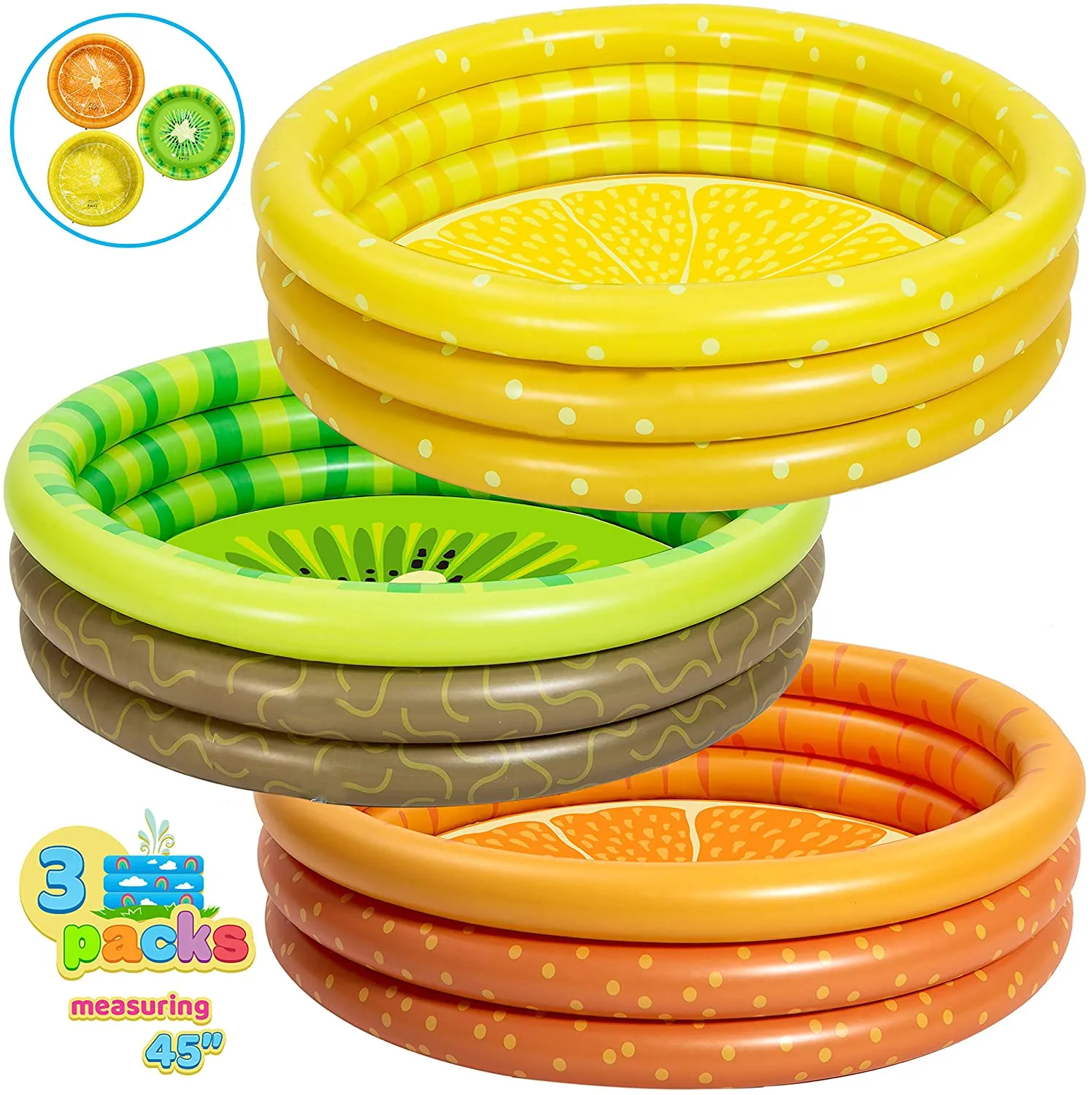 3 Packs 45" X 10" Inflatable Kiddie Pool, Lemon Orange Kiwi Swimming Pool for Kids Toddler Summer Fun, Indoor&Outdoor Water Pool Baby Pool Pit Ball Pool for Ages 3 