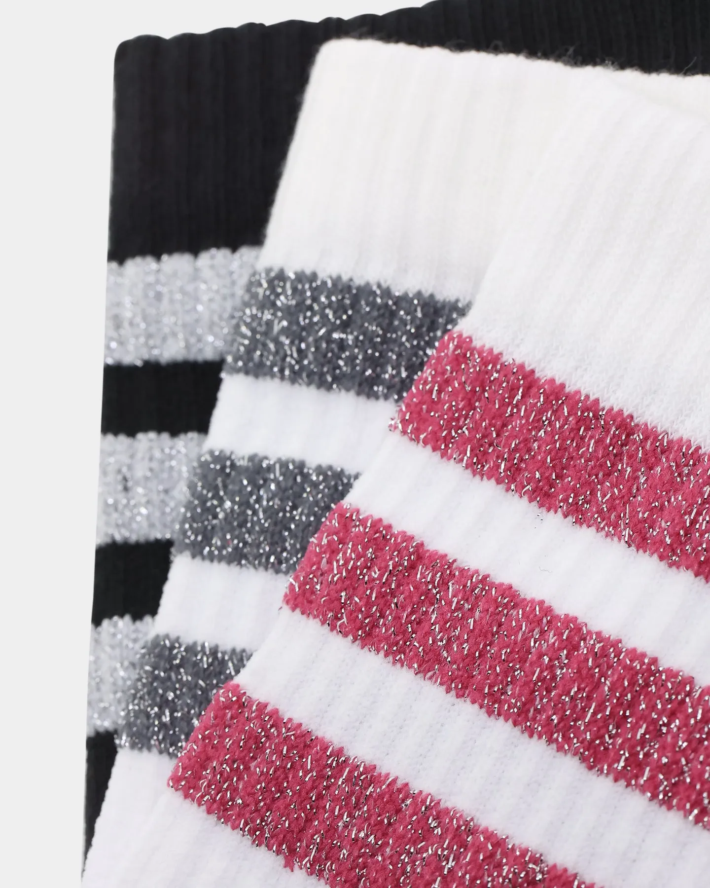 Adidas Women's 3 Stripe Glam Crew Socks 3 Pack White/Black/Wild Pink/Grey Five