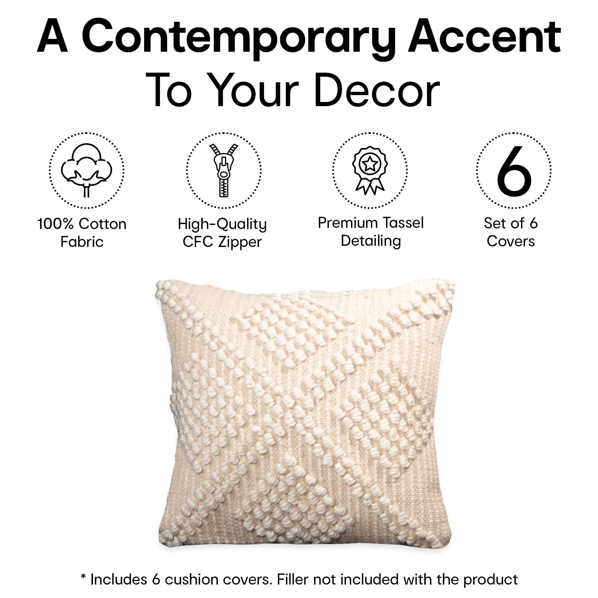 Anko Australia Romy Woven Polyester & Linen Printed Square Cushion Cover Set of 6 | Textured Throw Pillow Covers with Tassels for Sofa & Bed (Without Filler) | 43 x 43 cm Each, Natural & White
