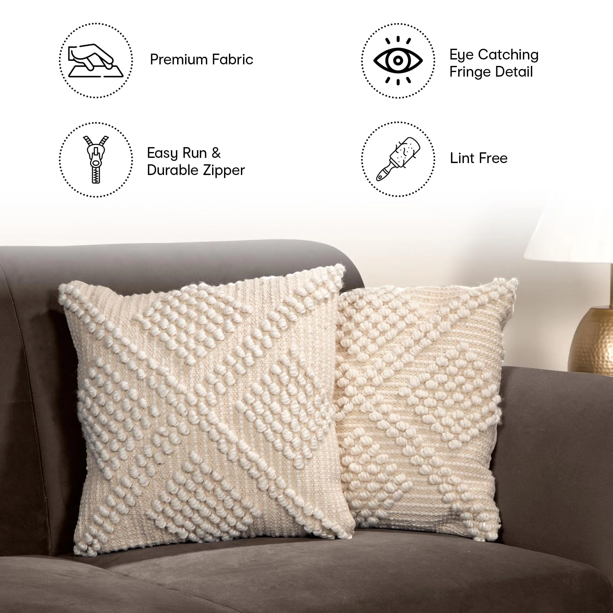 Anko Australia Romy Woven Polyester & Linen Printed Square Cushion Cover Set of 6 | Textured Throw Pillow Covers with Tassels for Sofa & Bed (Without Filler) | 43 x 43 cm Each, Natural & White