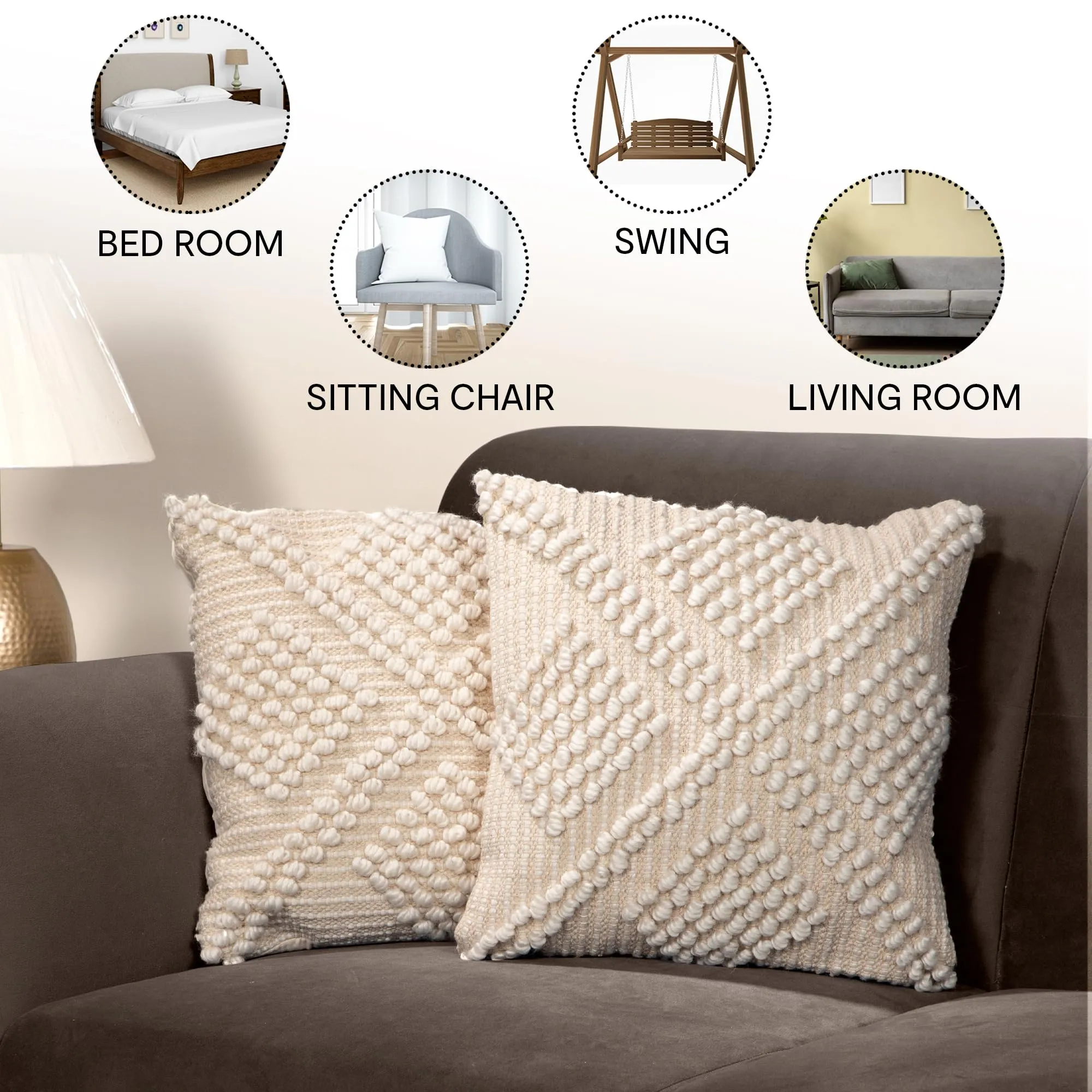 Anko Australia Romy Woven Polyester & Linen Printed Square Cushion Cover Set of 6 | Textured Throw Pillow Covers with Tassels for Sofa & Bed (Without Filler) | 43 x 43 cm Each, Natural & White