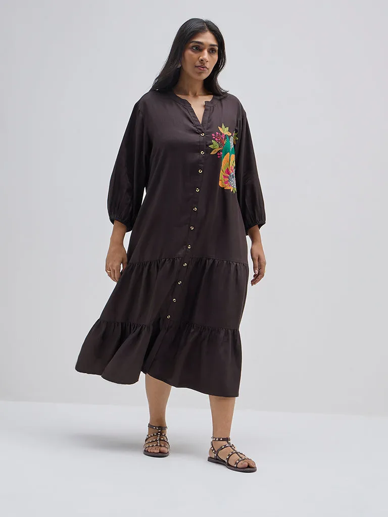 Diza Black Bird Embroidered Tiered Dress