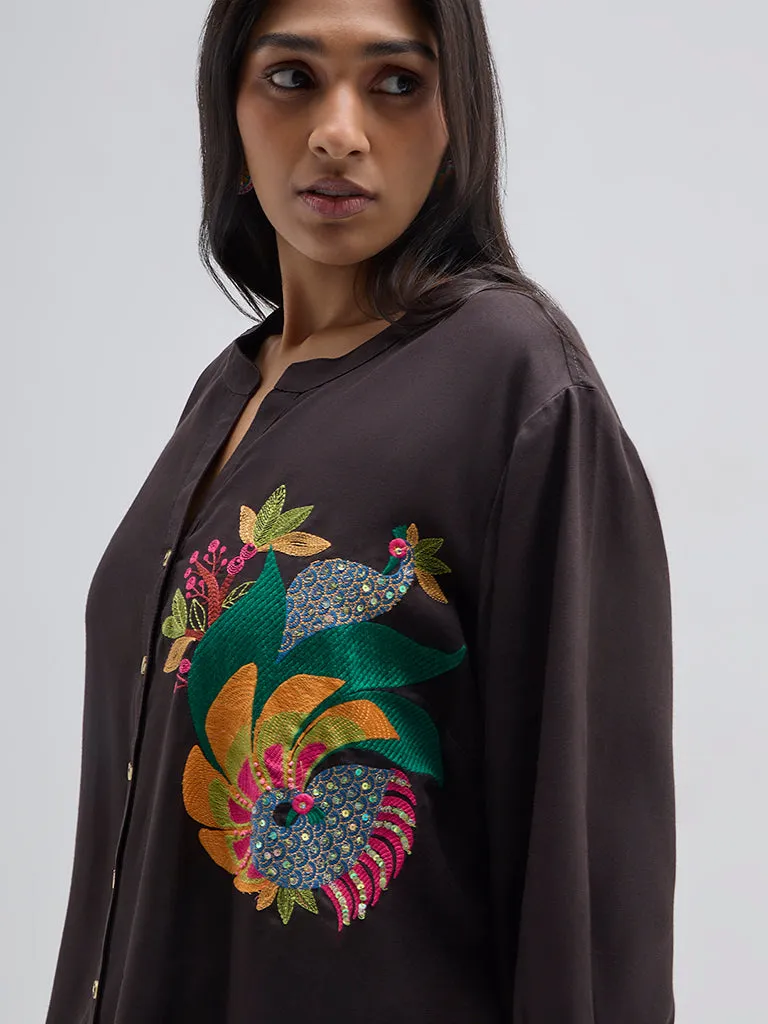 Diza Black Bird Embroidered Tiered Dress