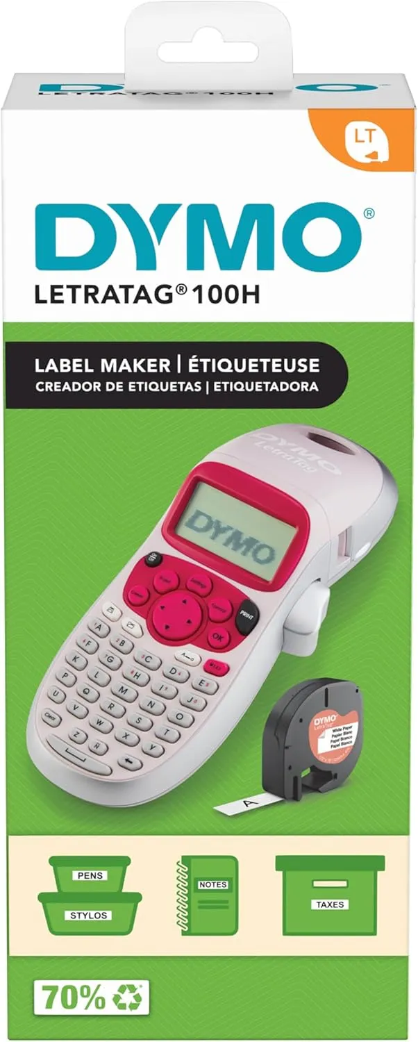 Dymo LetraTag LT-100H Handheld Label Maker - ABC Keyboard, 13-Character LCD, Home & Office Use, Pink