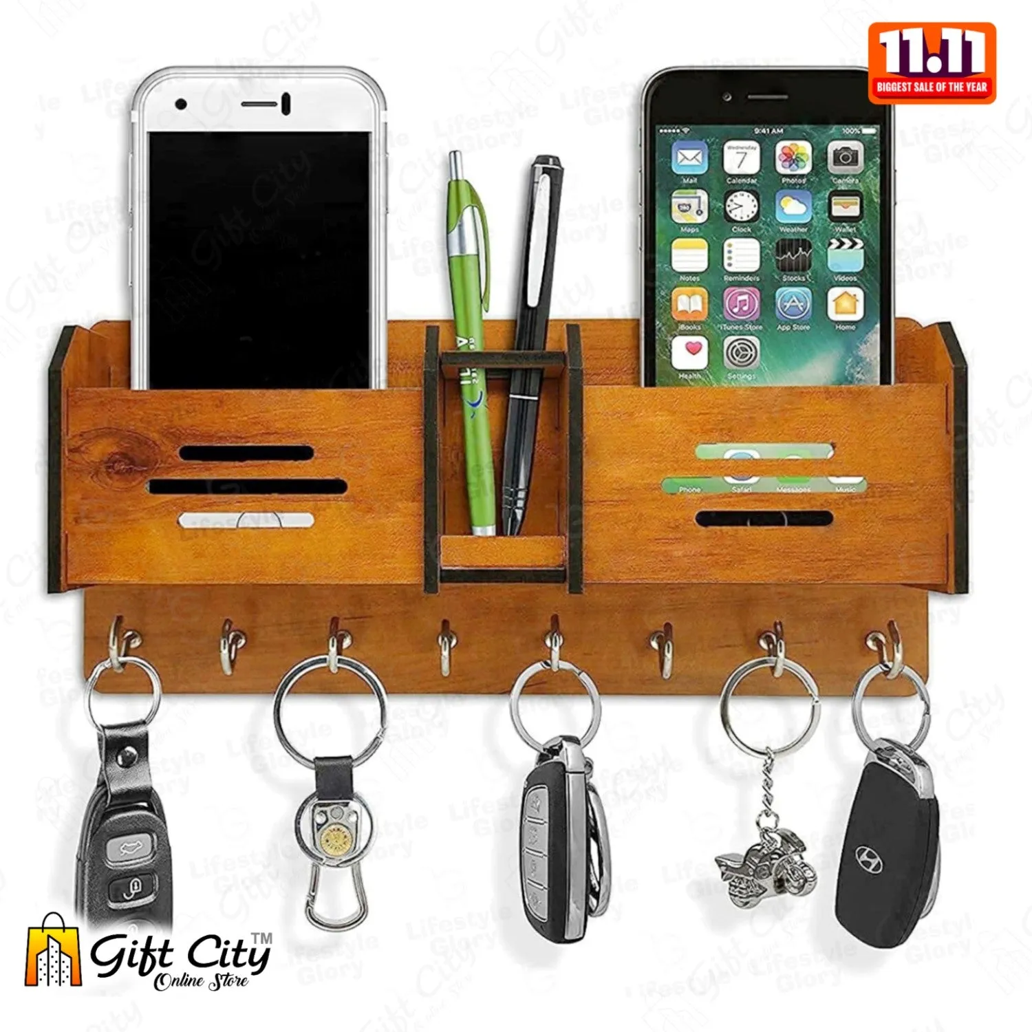 GEOMETRIC Multipurpose design Wood Key Holder With 8 Hooks - Gift City