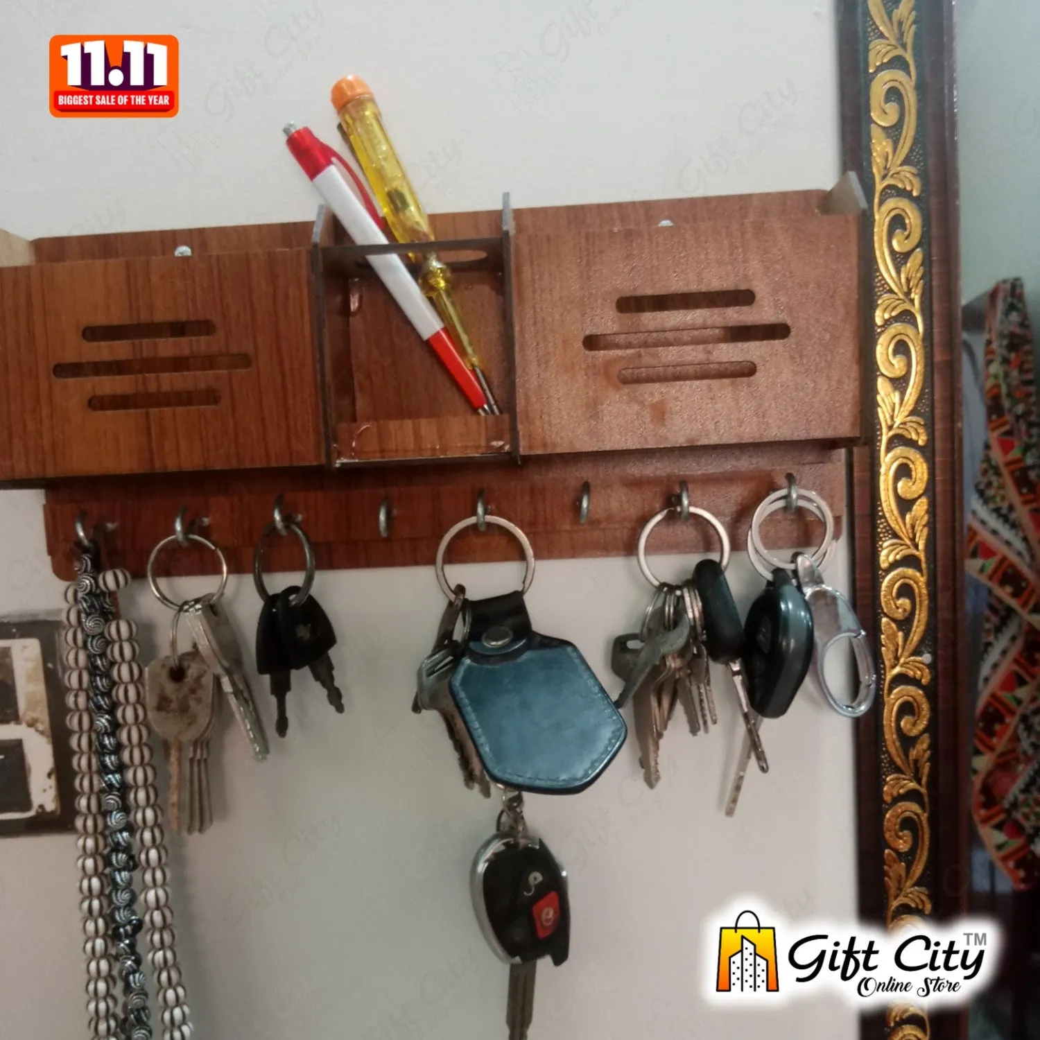 GEOMETRIC Multipurpose design Wood Key Holder With 8 Hooks - Gift City