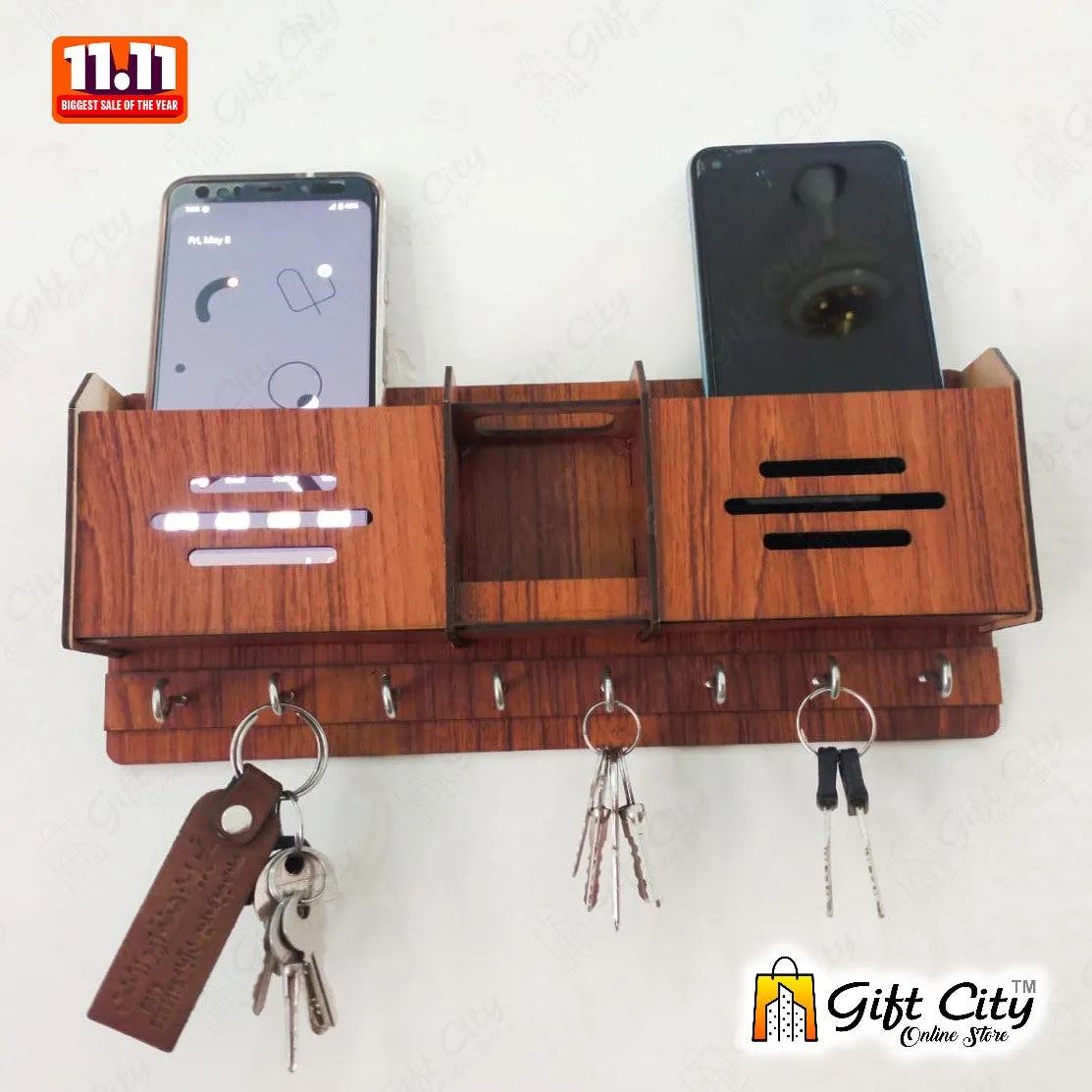 GEOMETRIC Multipurpose design Wood Key Holder With 8 Hooks - Gift City