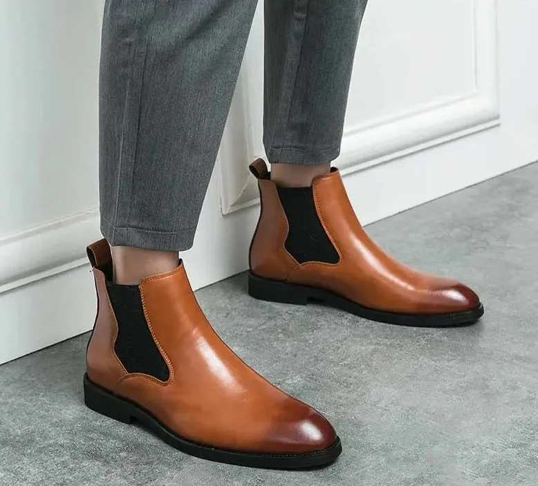 Men's elastic cut Chelsea boots Business dress leather boots men's English high top men's boots