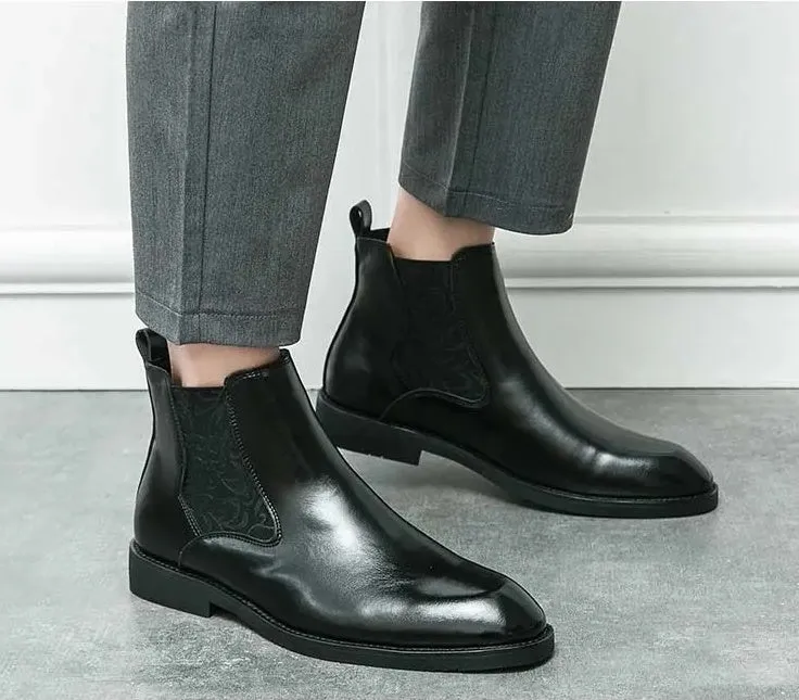 Men's elastic cut Chelsea boots Business dress leather boots men's English high top men's boots