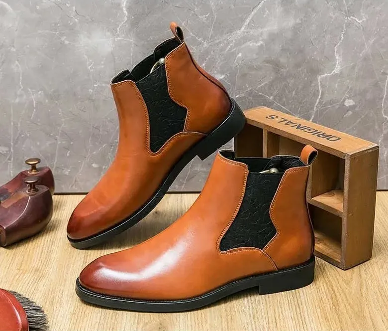 Men's elastic cut Chelsea boots Business dress leather boots men's English high top men's boots