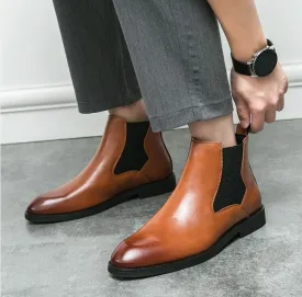 Men's elastic cut Chelsea boots Business dress leather boots men's English high top men's boots