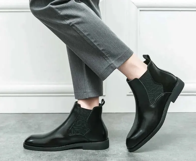 Men's elastic cut Chelsea boots Business dress leather boots men's English high top men's boots