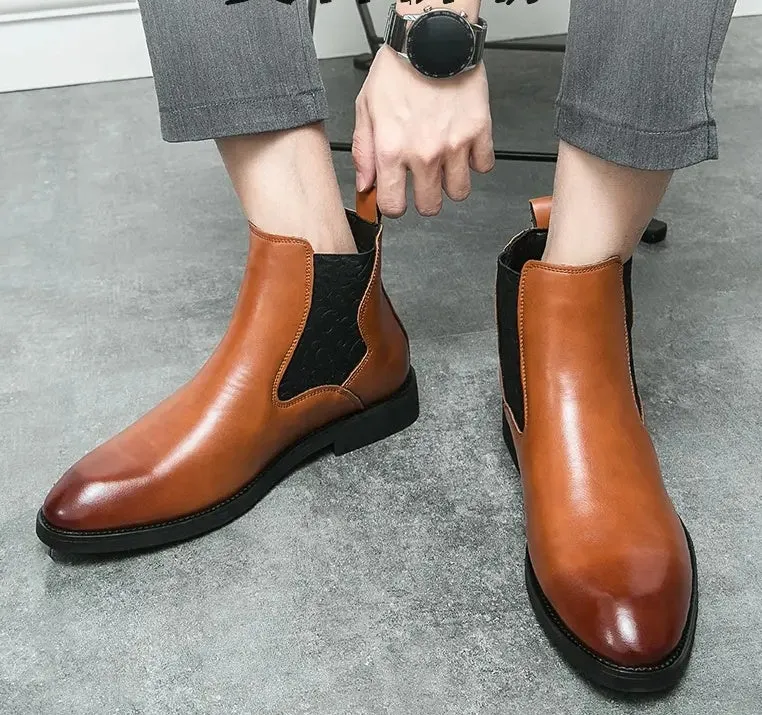 Men's elastic cut Chelsea boots Business dress leather boots men's English high top men's boots