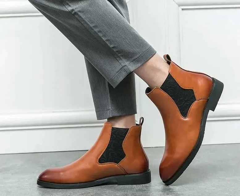 Men's elastic cut Chelsea boots Business dress leather boots men's English high top men's boots