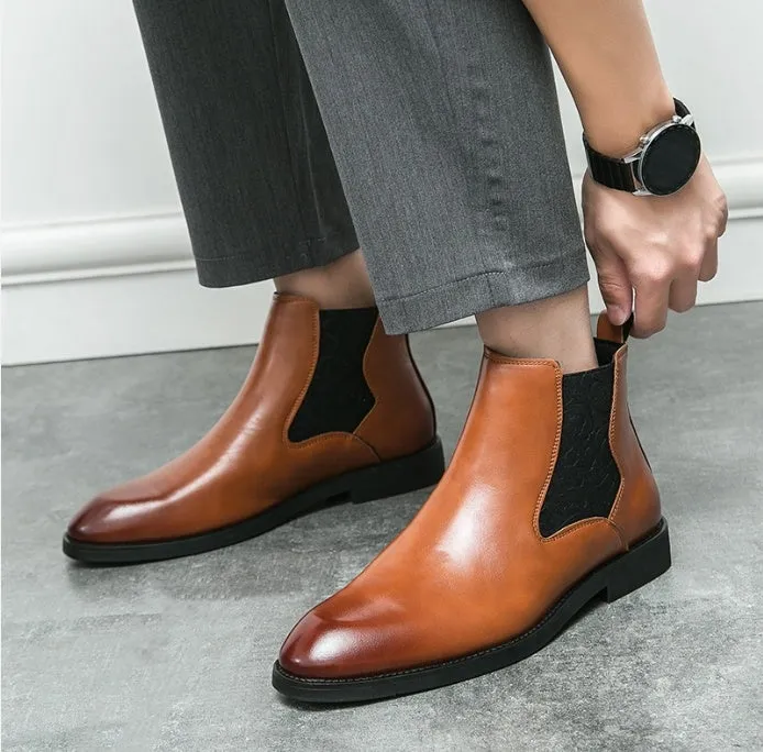 Men's elastic cut Chelsea boots Business dress leather boots men's English high top men's boots