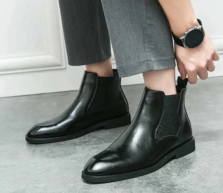 Men's elastic cut Chelsea boots Business dress leather boots men's English high top men's boots