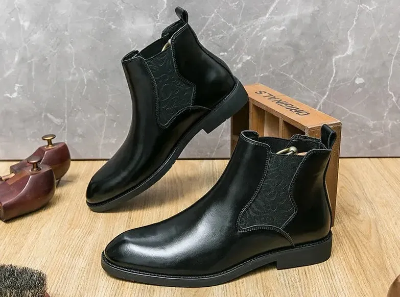 Men's elastic cut Chelsea boots Business dress leather boots men's English high top men's boots