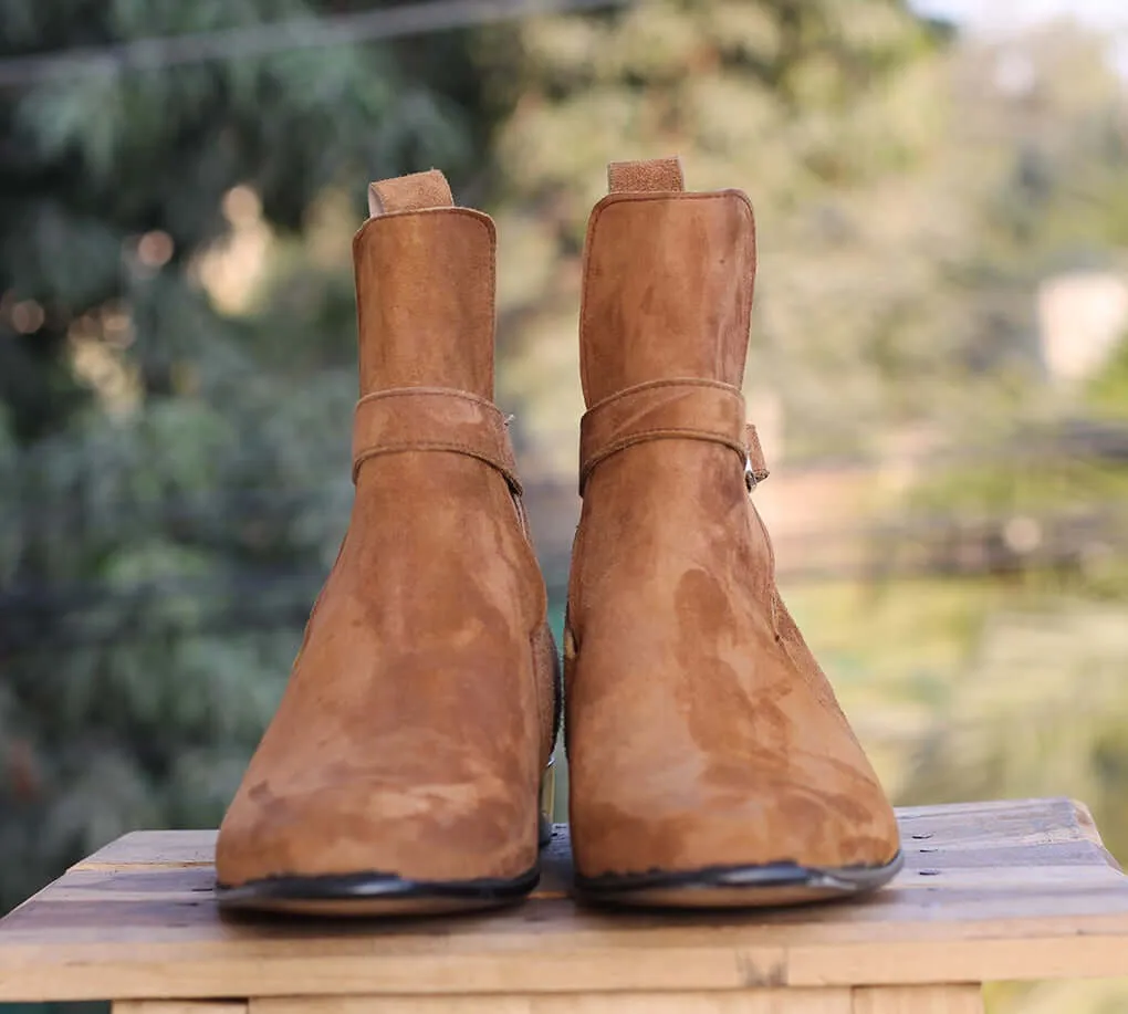 Men's Handmade Brown Color Suede Ankle High Loop Buckle Fashion Dress Boots