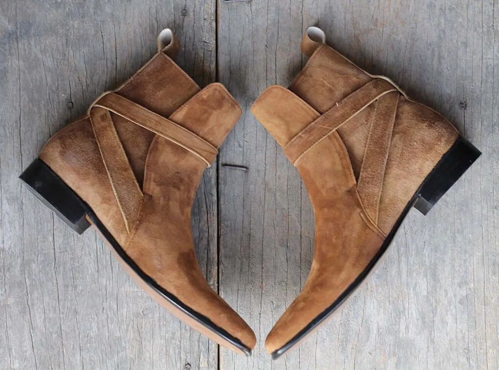 Men's Handmade Brown Color Suede Ankle High Loop Buckle Fashion Dress Boots