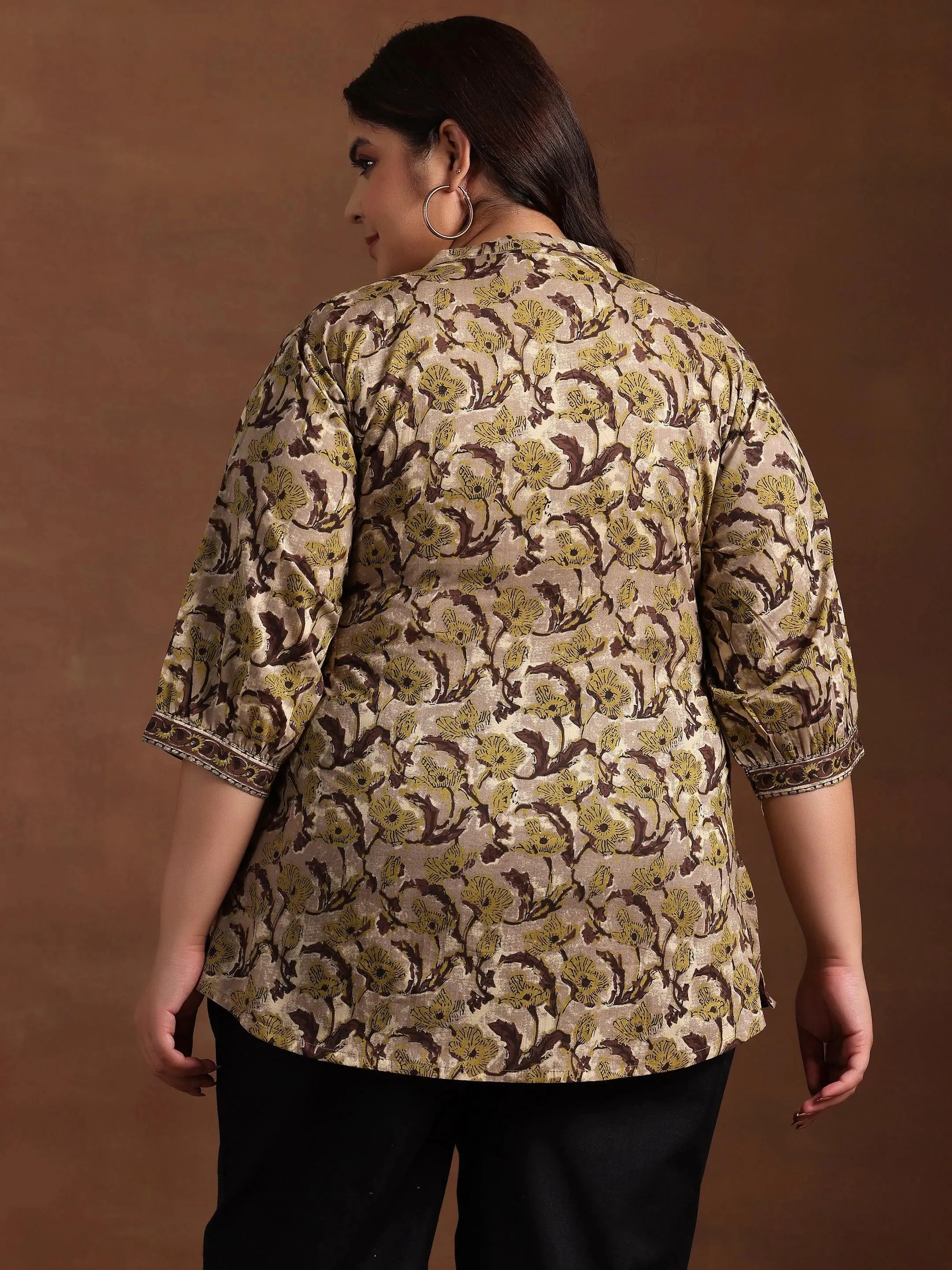 Plus Size Brown Printed Cotton Straight Kurti