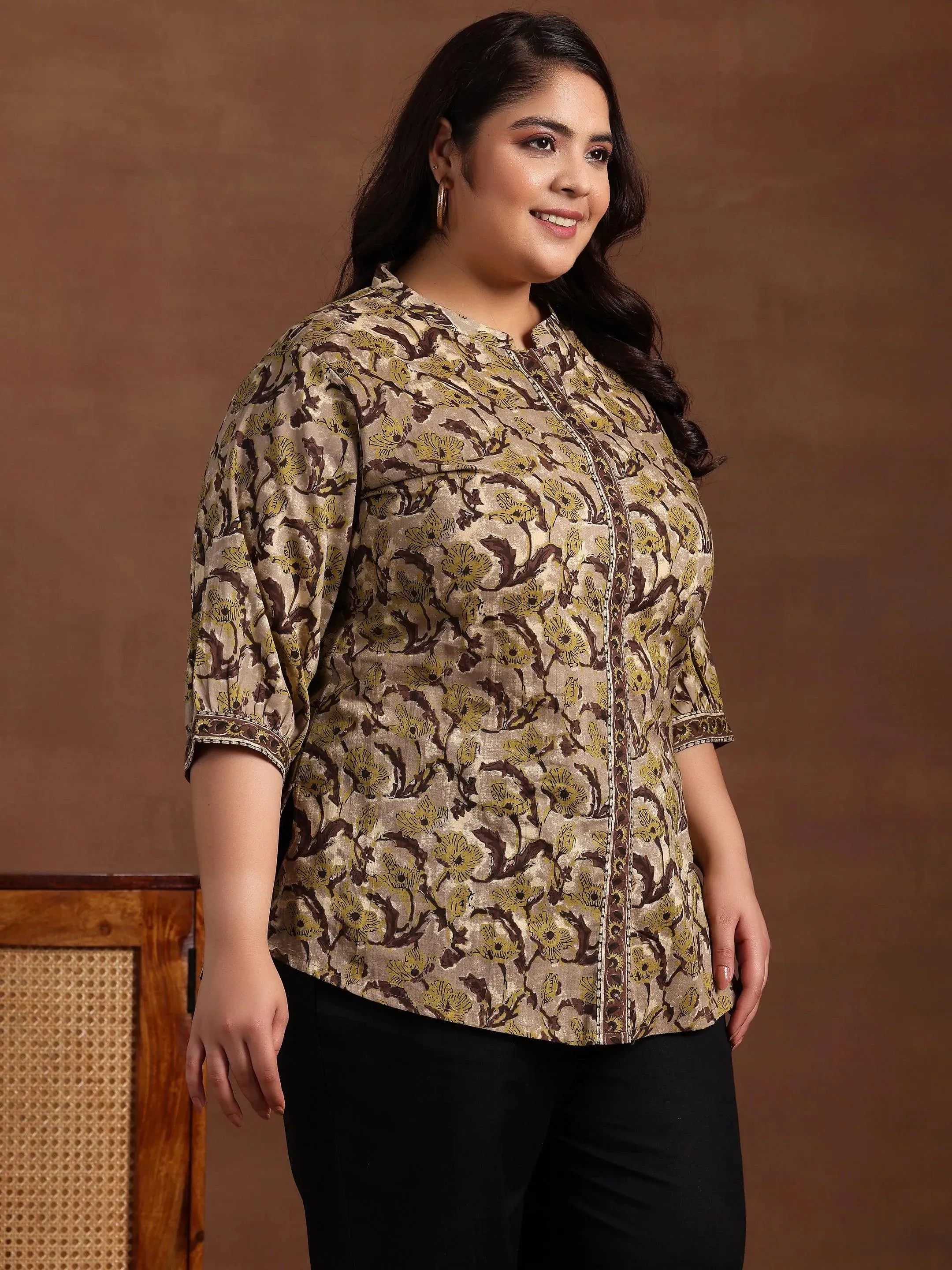 Plus Size Brown Printed Cotton Straight Kurti