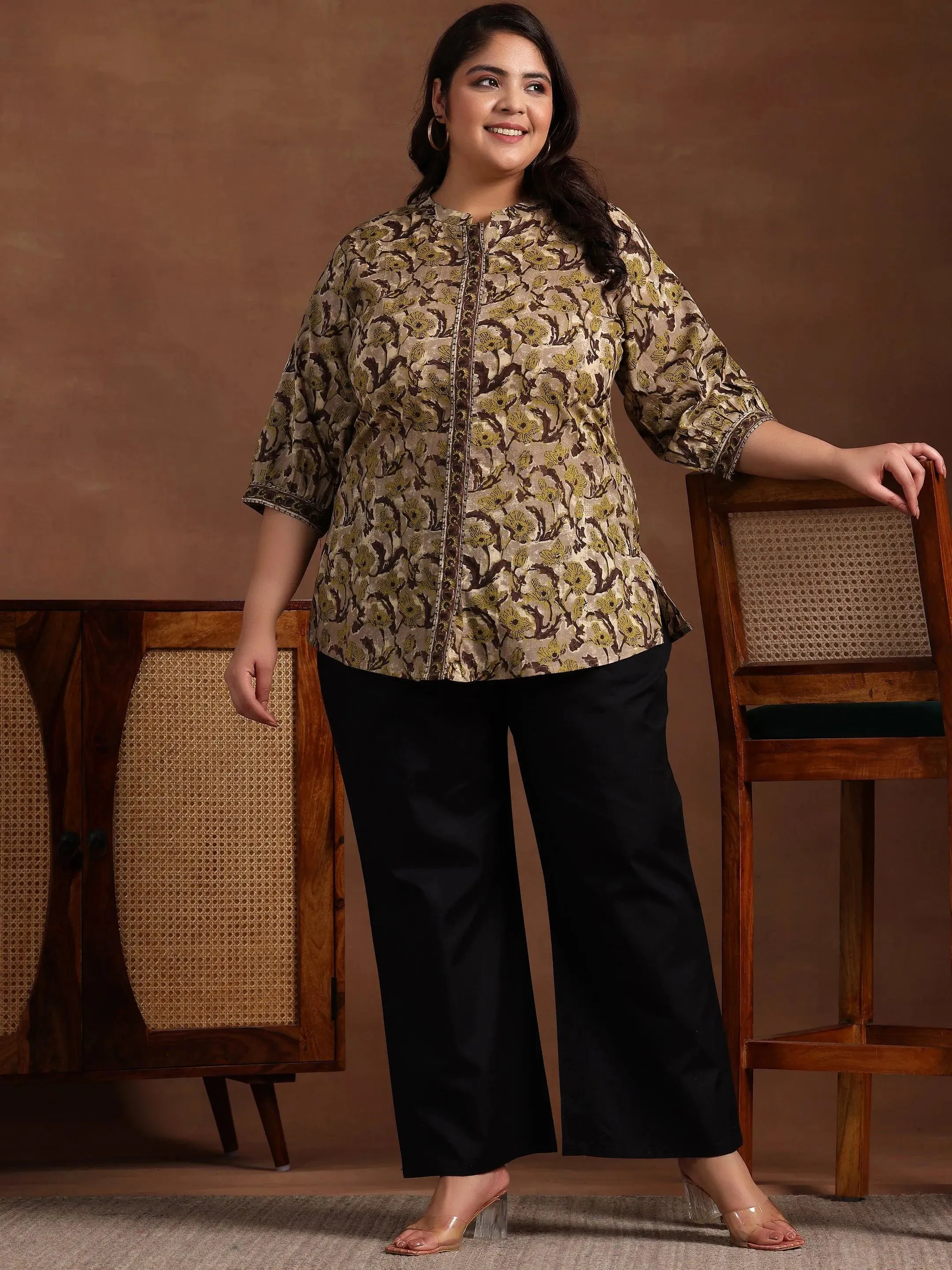 Plus Size Brown Printed Cotton Straight Kurti