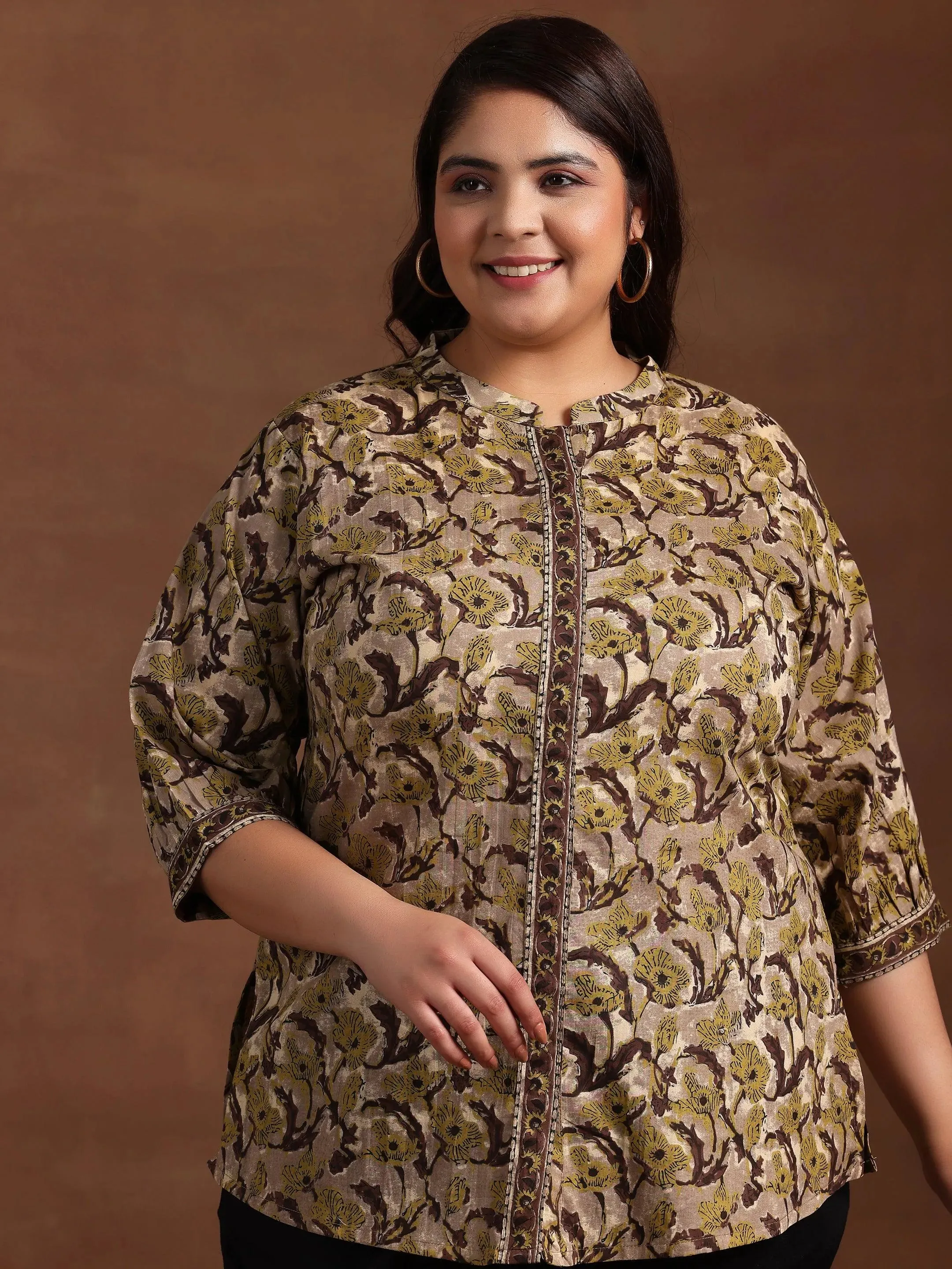 Plus Size Brown Printed Cotton Straight Kurti