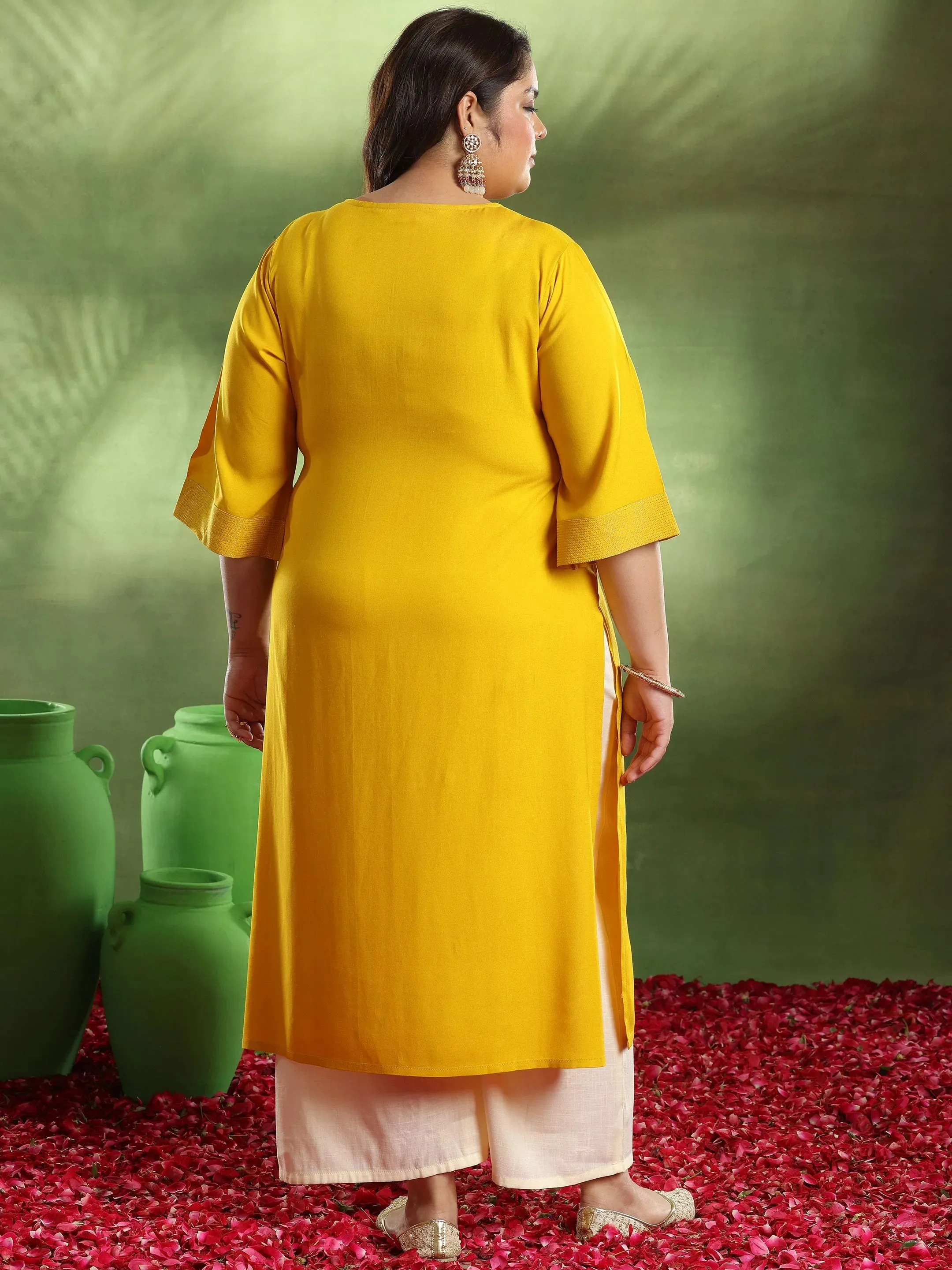 Plus Size Mustard Solid Rayon Straight Kurta