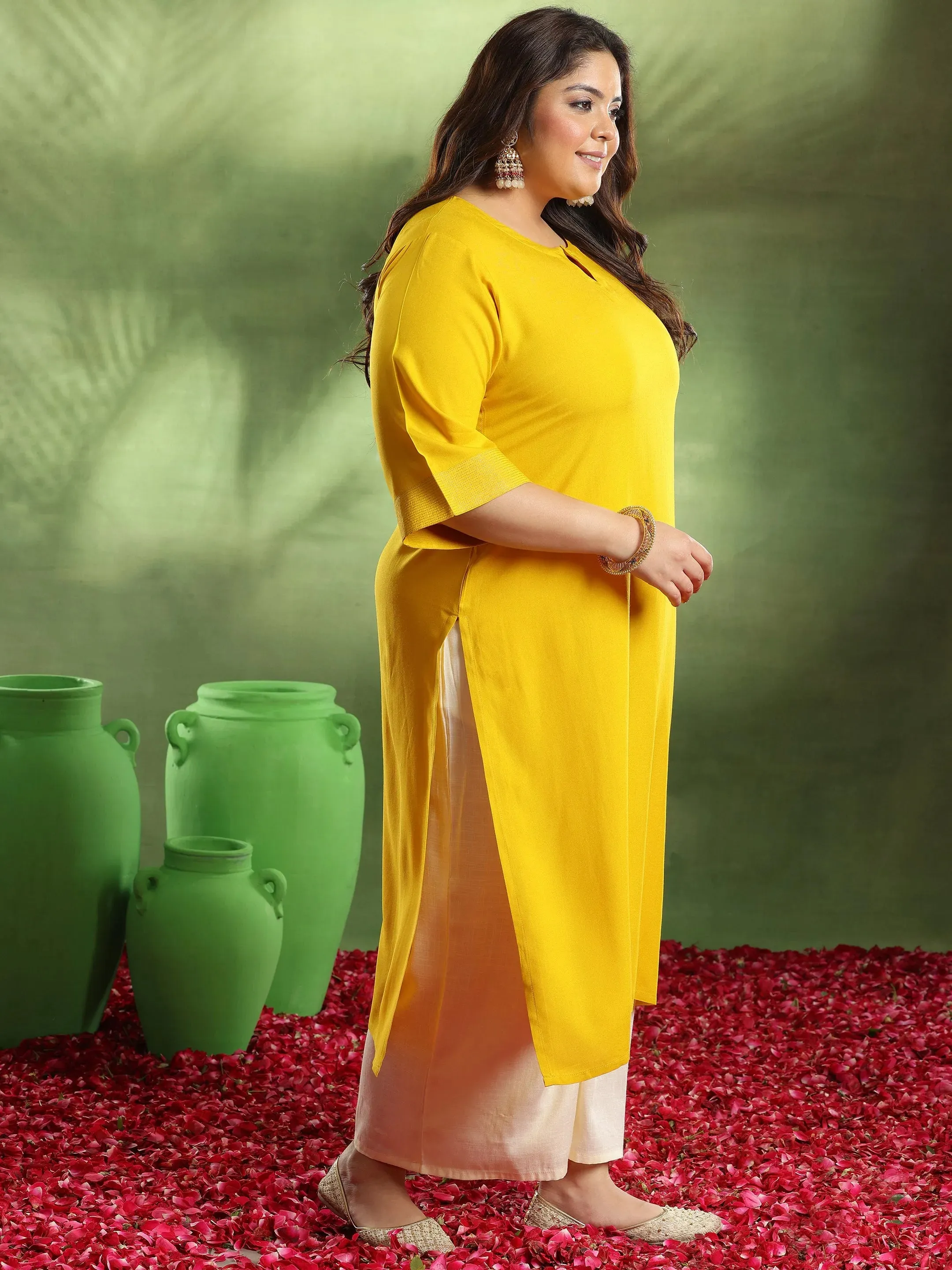Plus Size Mustard Solid Rayon Straight Kurta