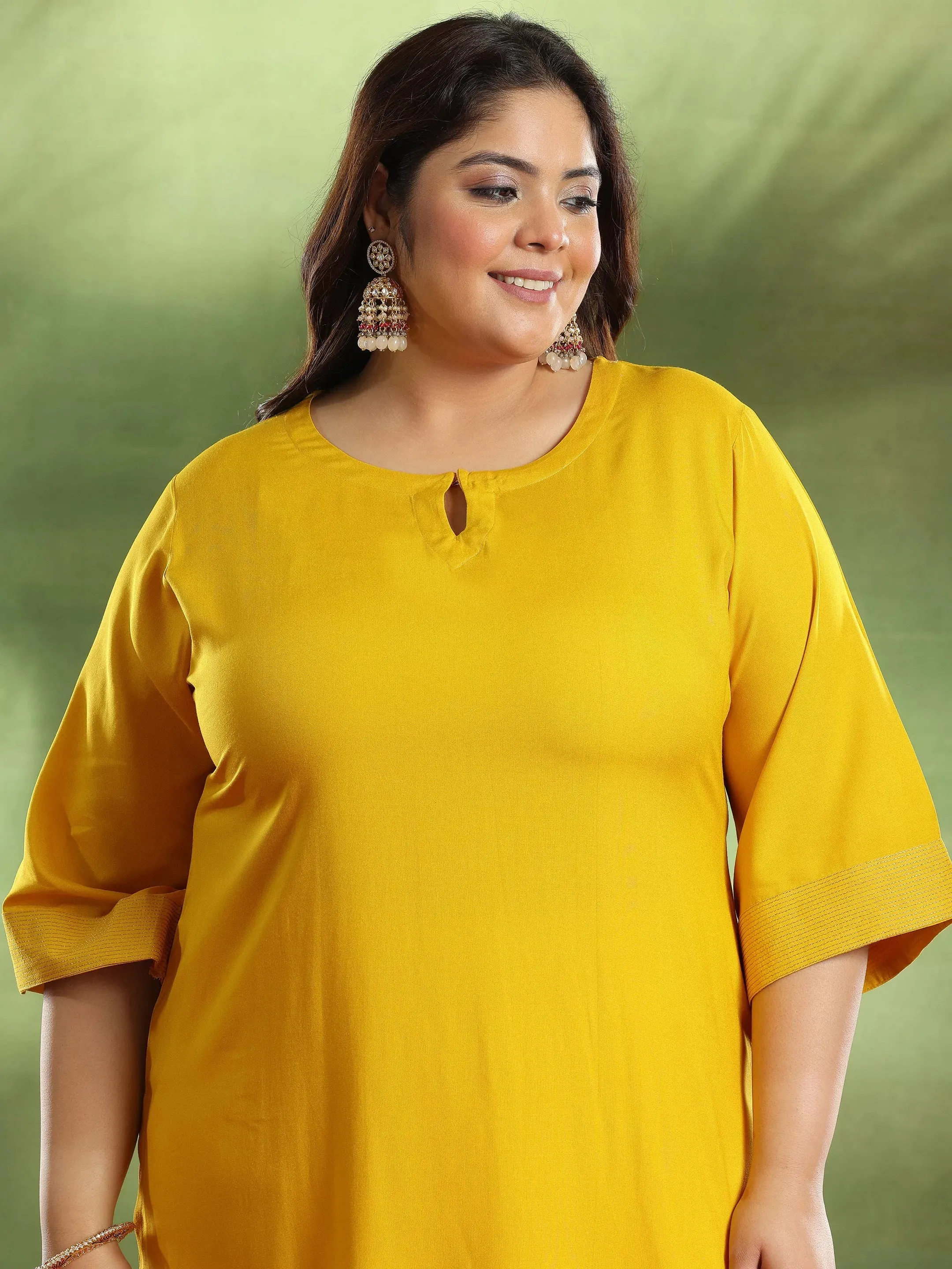 Plus Size Mustard Solid Rayon Straight Kurta