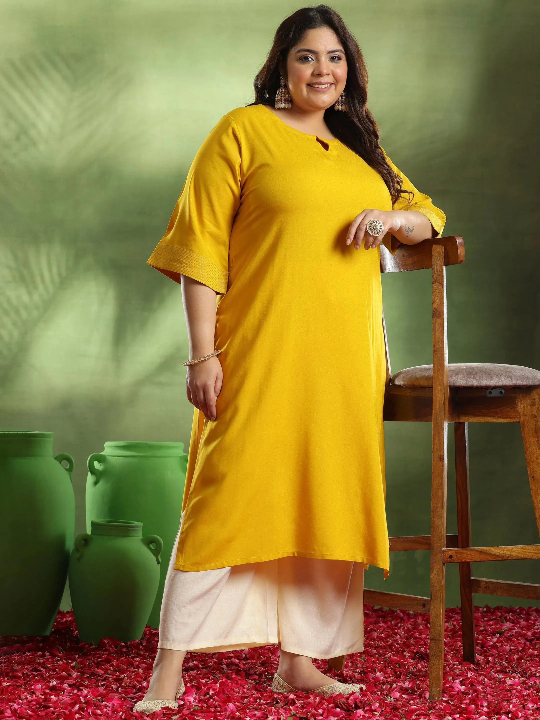 Plus Size Mustard Solid Rayon Straight Kurta