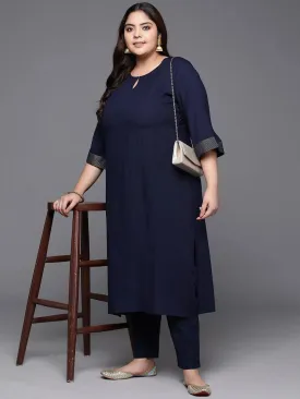 Plus Size Navy Solid Rayon Straight Kurta