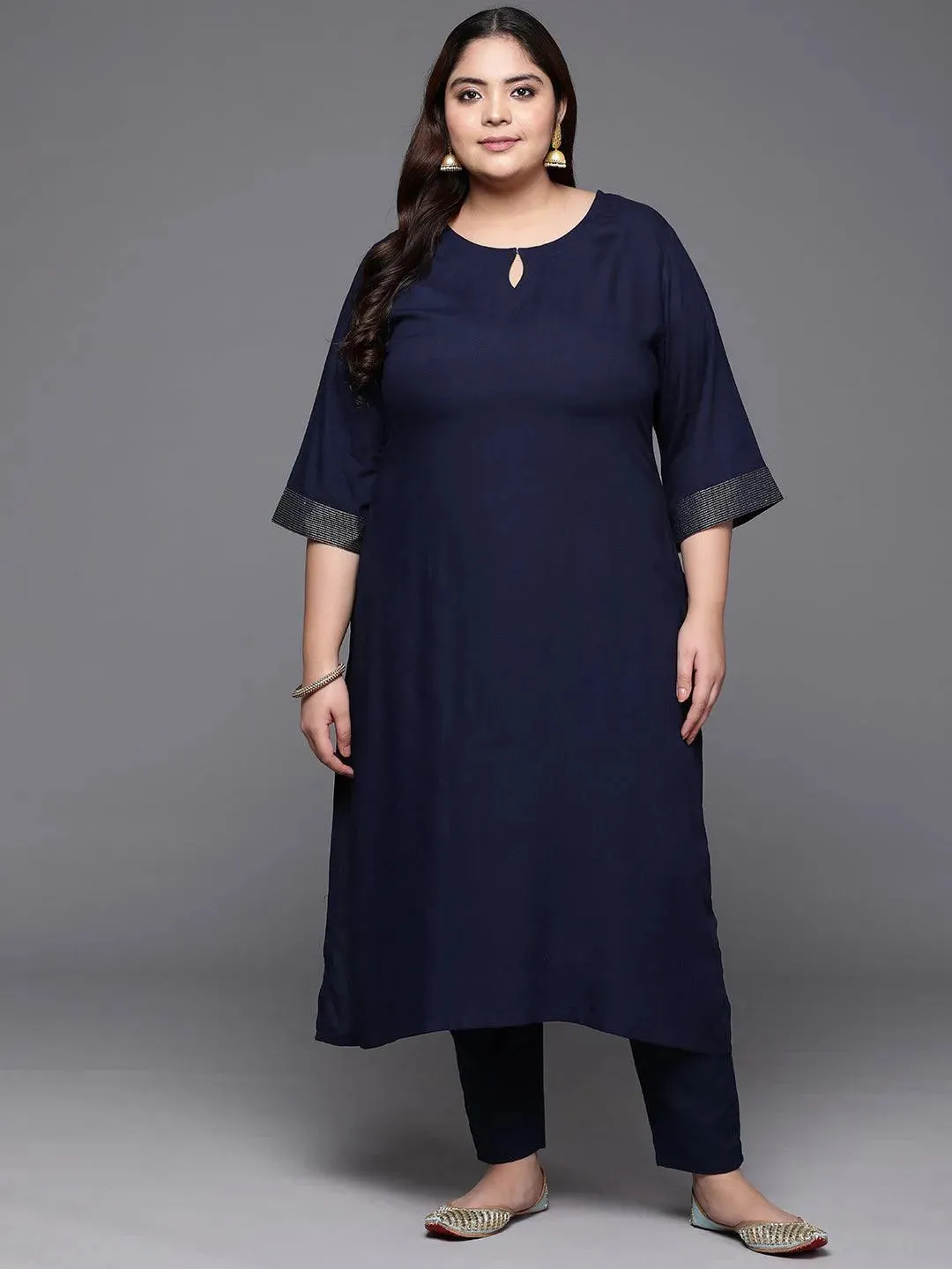 Plus Size Navy Solid Rayon Straight Kurta