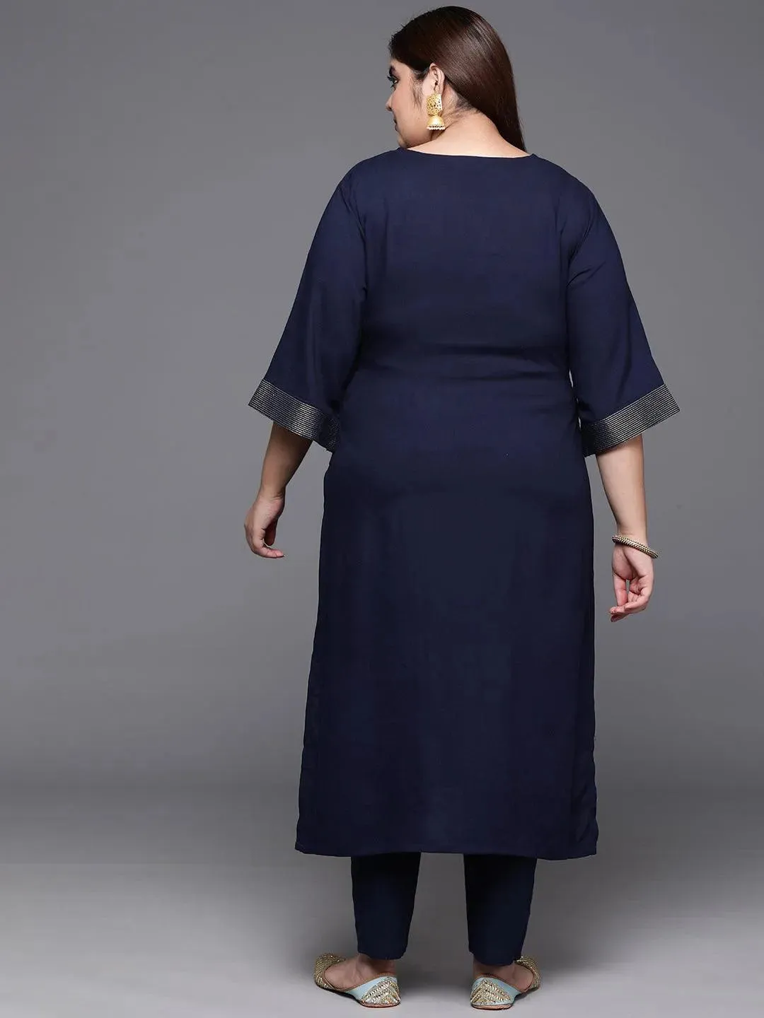 Plus Size Navy Solid Rayon Straight Kurta