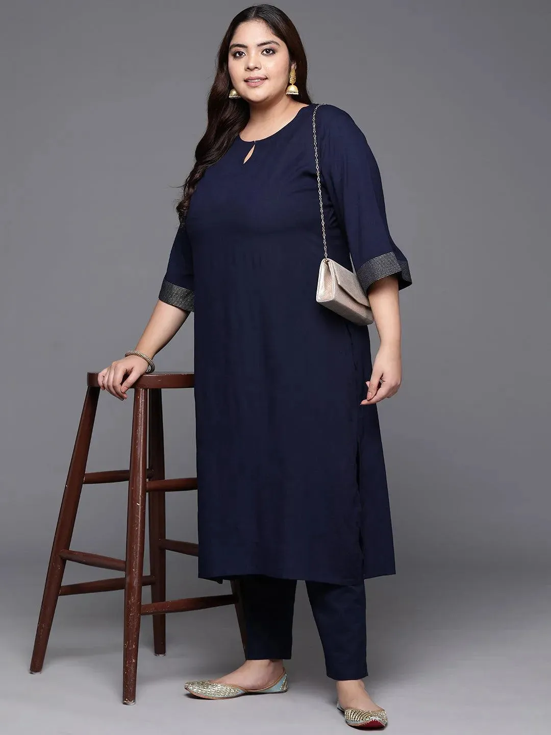 Plus Size Navy Solid Rayon Straight Kurta