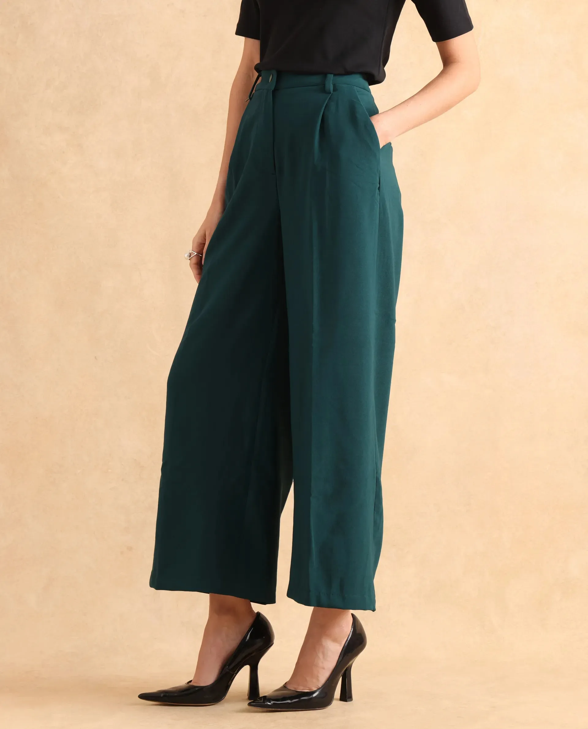 Rareism Women Erica Green Button Closure Wide Fit Ankle Length Plain Trouser