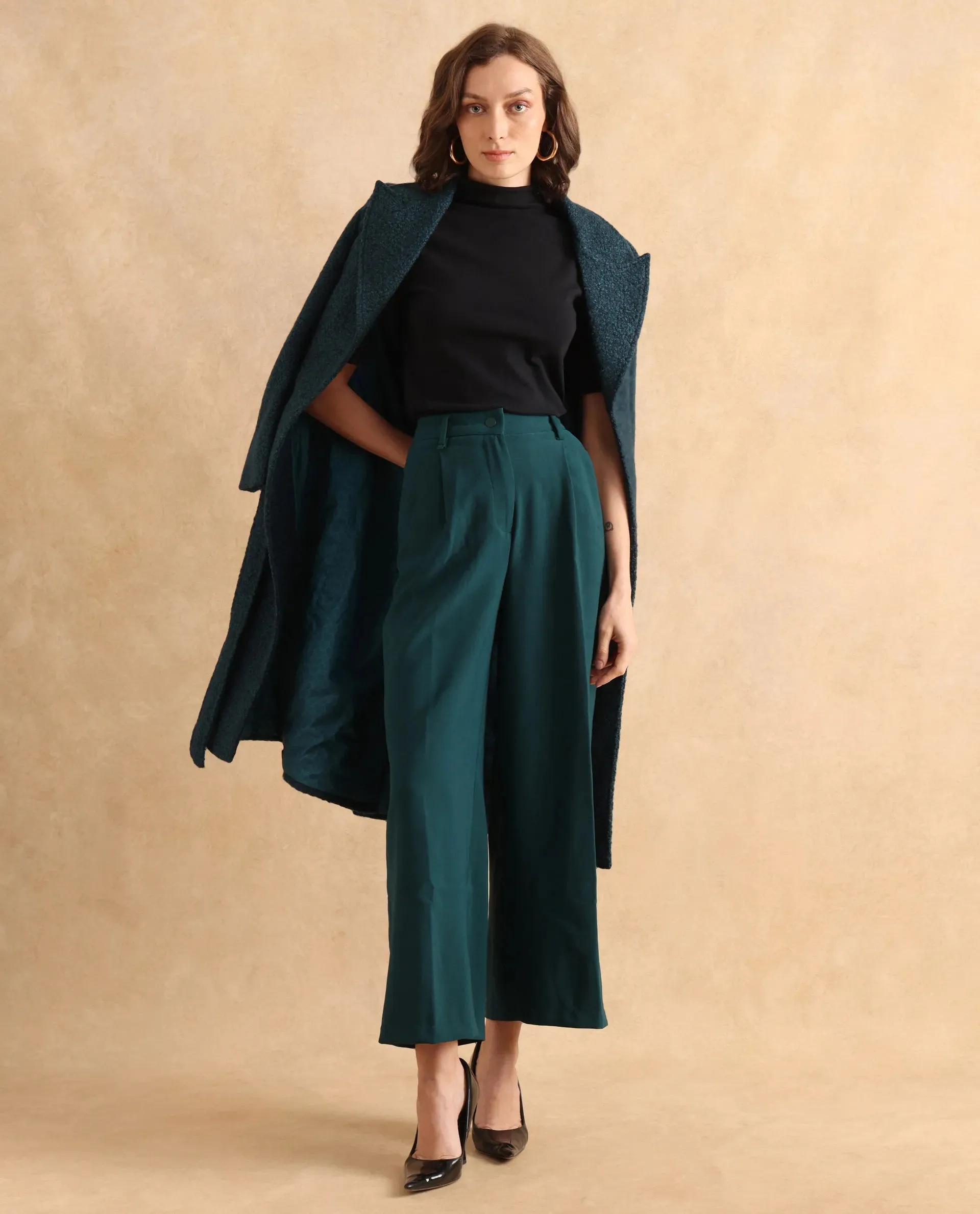 Rareism Women Erica Green Button Closure Wide Fit Ankle Length Plain Trouser