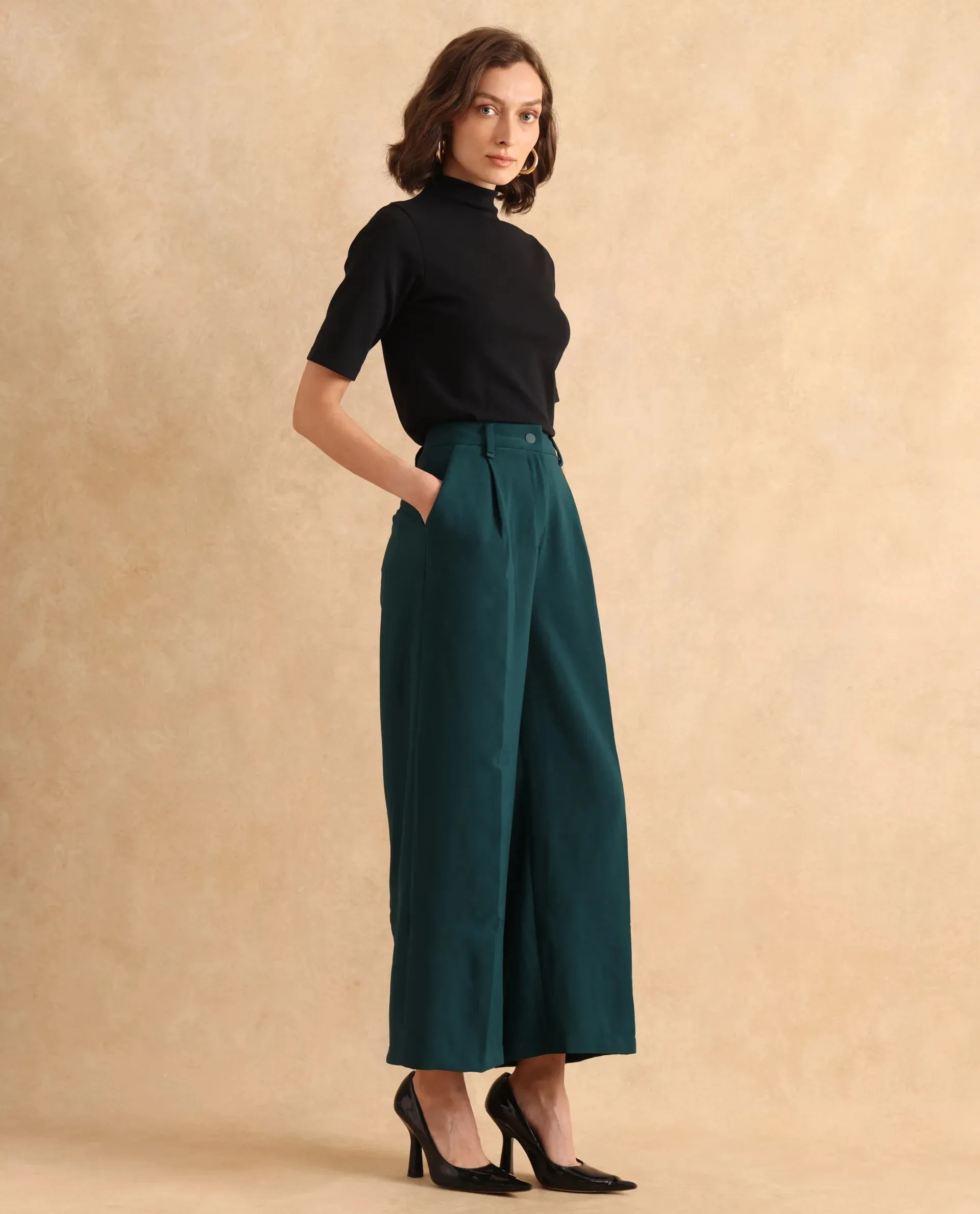 Rareism Women Erica Green Button Closure Wide Fit Ankle Length Plain Trouser