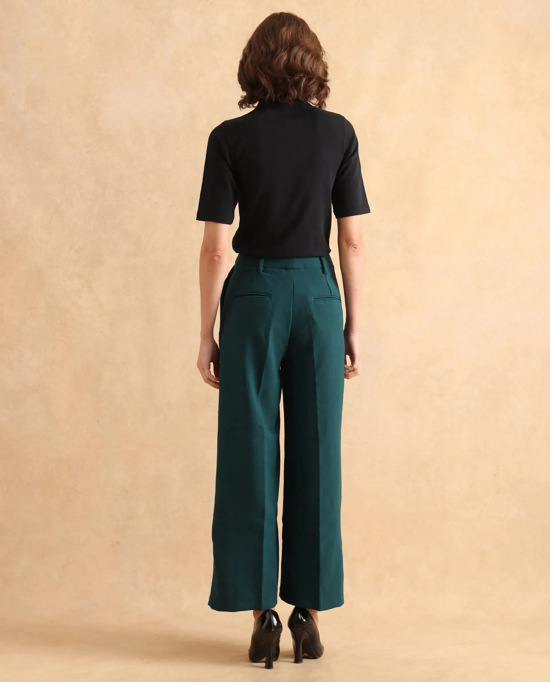Rareism Women Erica Green Button Closure Wide Fit Ankle Length Plain Trouser