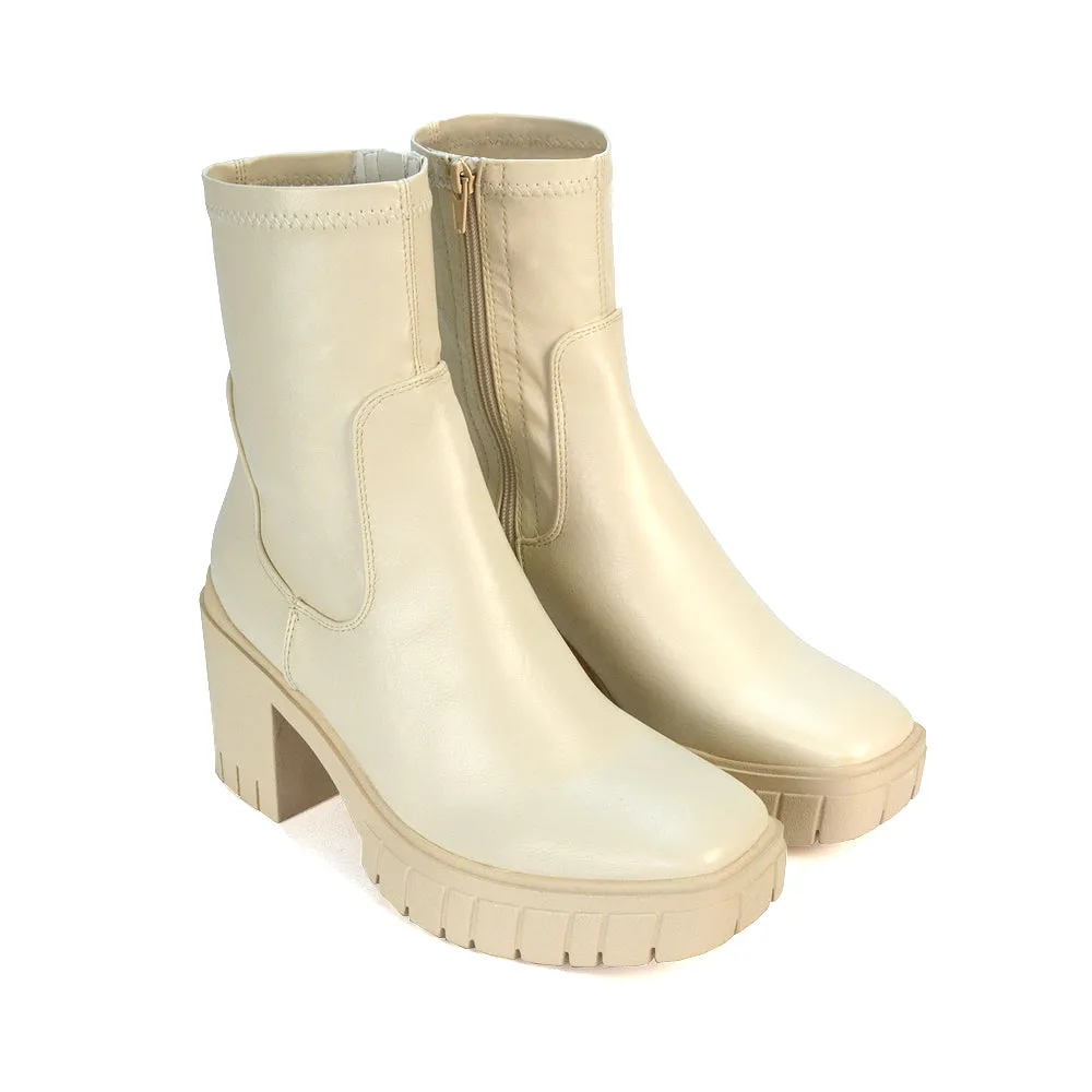 Sofia Platform Block High Heel Chunky Biker Ankle Boots in Putty Synthetic Leather