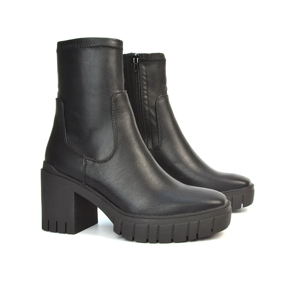 Sofia Platform Block High Heel Chunky Biker Ankle Boots in Putty Synthetic Leather