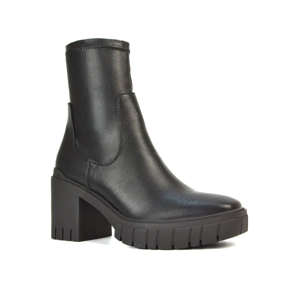 Sofia Platform Block High Heel Chunky Biker Ankle Boots in Putty Synthetic Leather