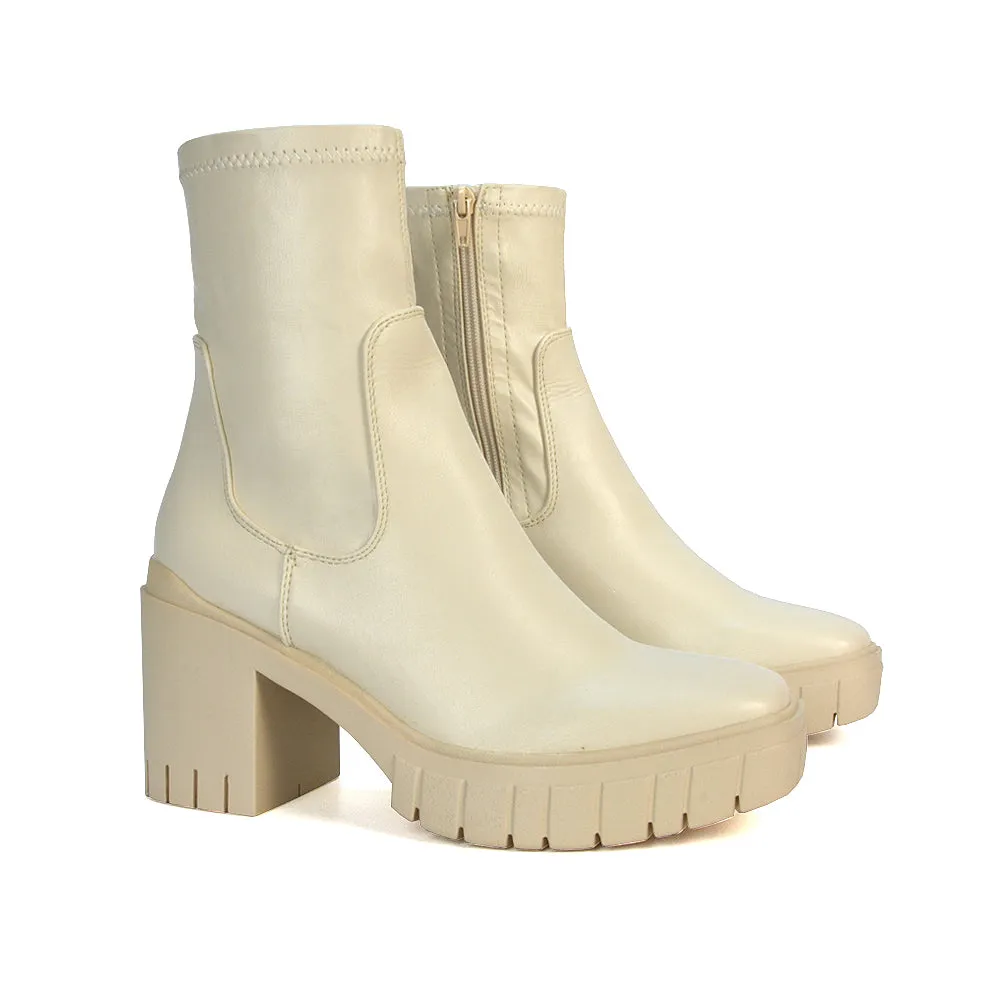 Sofia Platform Block High Heel Chunky Biker Ankle Boots in Putty Synthetic Leather