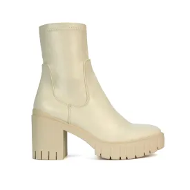 Sofia Platform Block High Heel Chunky Biker Ankle Boots in Putty Synthetic Leather