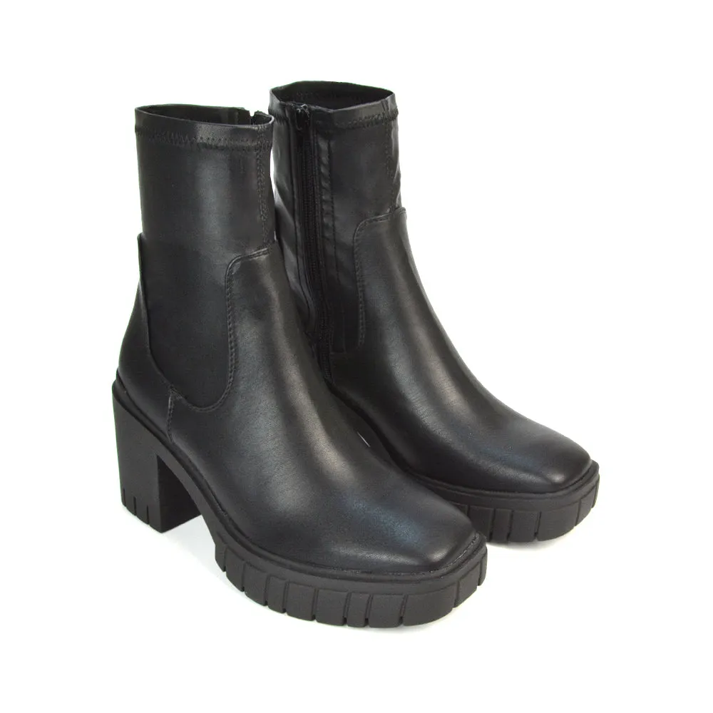 Sofia Platform Block High Heel Chunky Biker Ankle Boots in Putty Synthetic Leather