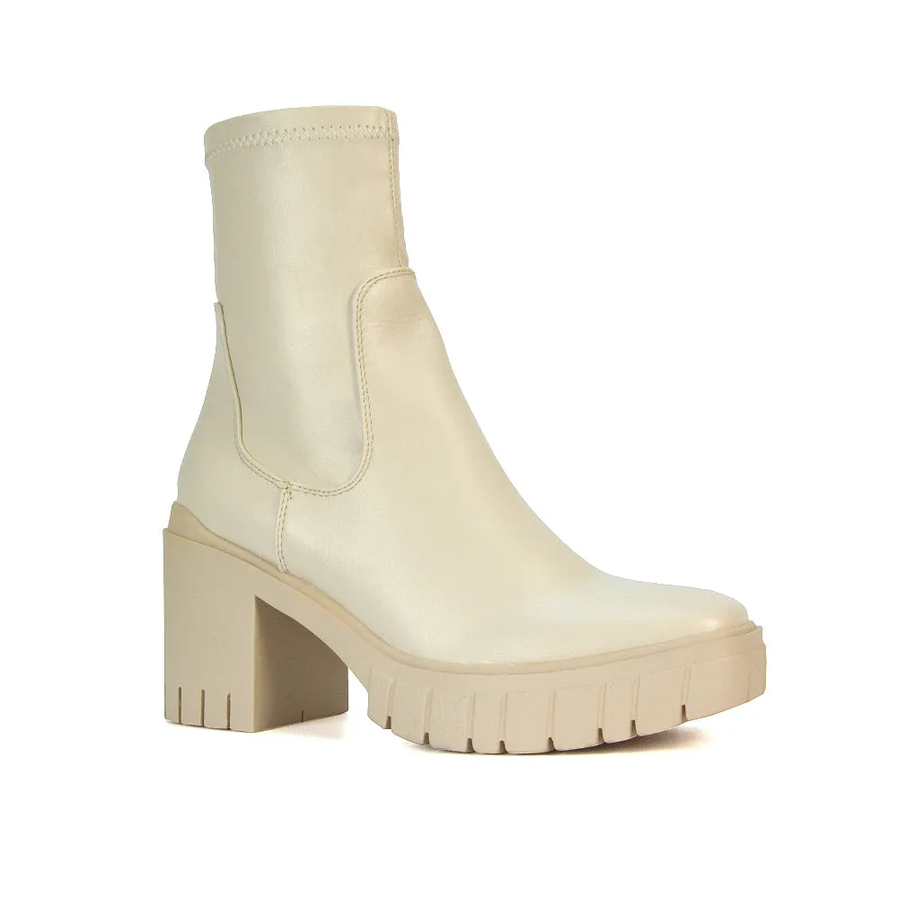 Sofia Platform Block High Heel Chunky Biker Ankle Boots in Putty Synthetic Leather