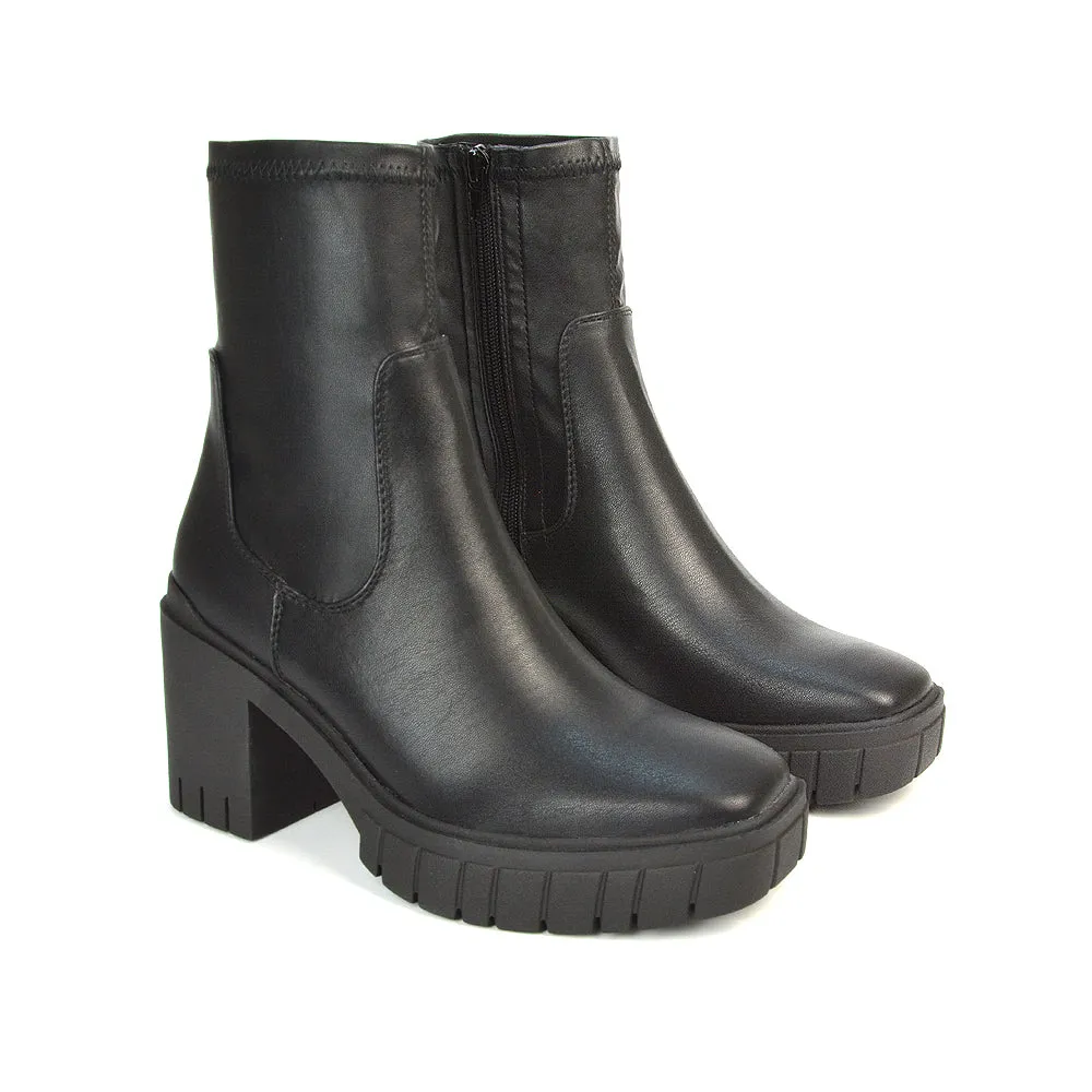 Sofia Platform Block High Heel Chunky Biker Ankle Boots in Putty Synthetic Leather