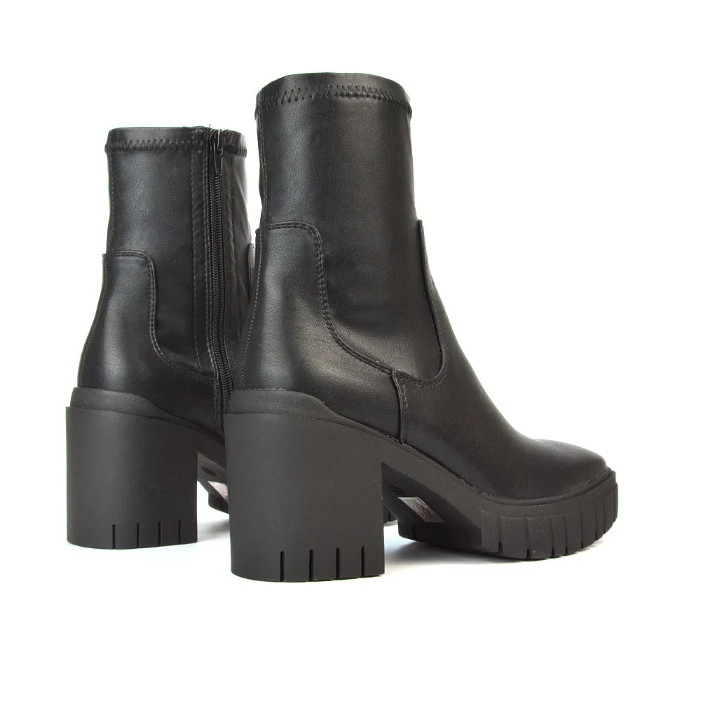 Sofia Platform Block High Heel Chunky Biker Ankle Boots in Putty Synthetic Leather